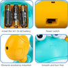 A yellow interactive music crab toy showing its battery compartment, power switch, and smooth design.