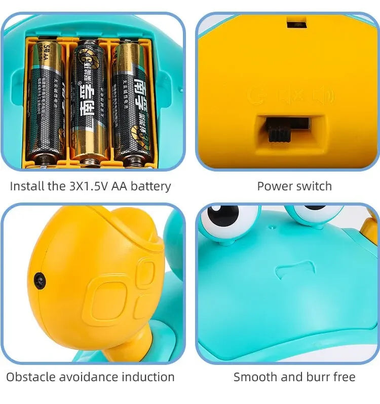 A yellow interactive music crab toy showing its battery compartment, power switch, and smooth design.