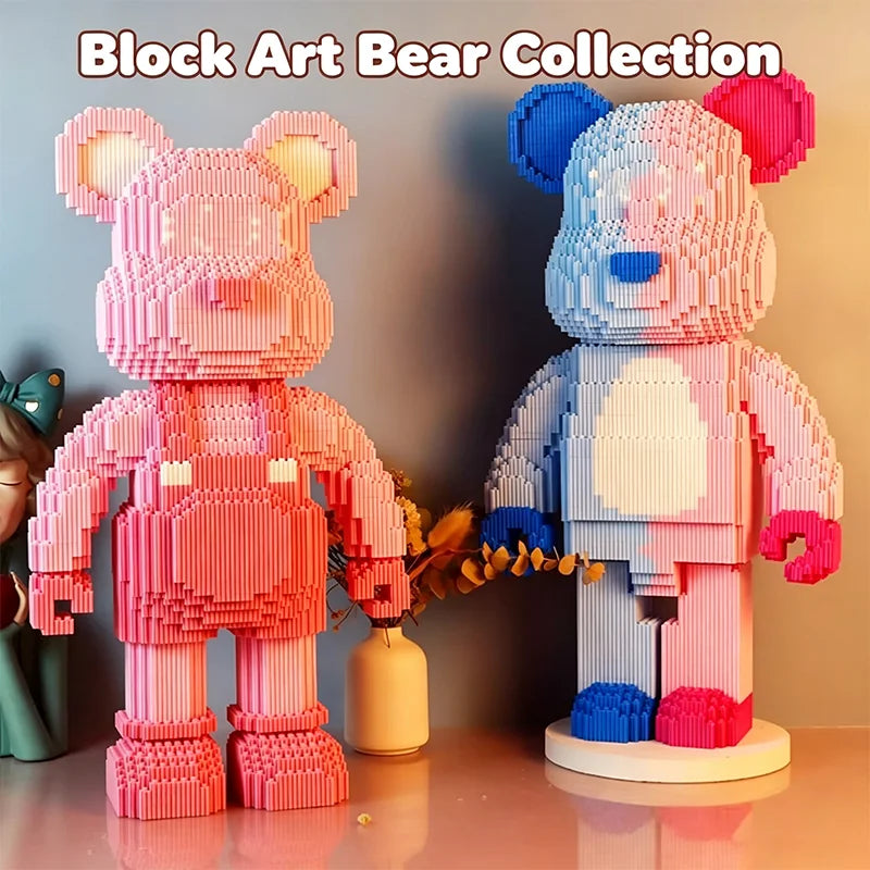 A collection of pink and blue block art bears built from colorful plastic bricks.