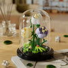 A glass dome display featuring a miniature green plant with white and purple flowers.