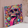 A vibrant, colorful paint by numbers kit featuring a detailed skull landscape design.
