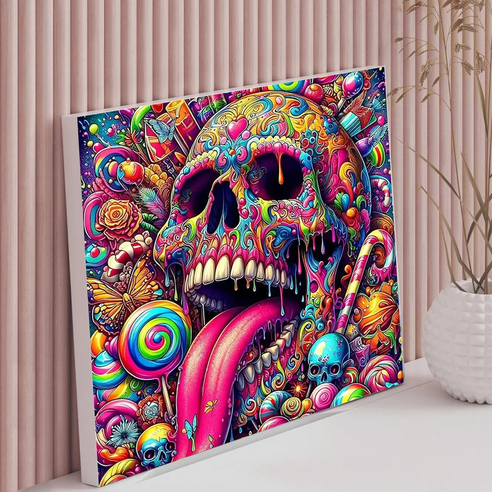 A vibrant, colorful paint by numbers kit featuring a detailed skull landscape design.