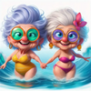 Two animated women with purple and white hair wearing large round glasses and swimsuits are depicted in blue water.