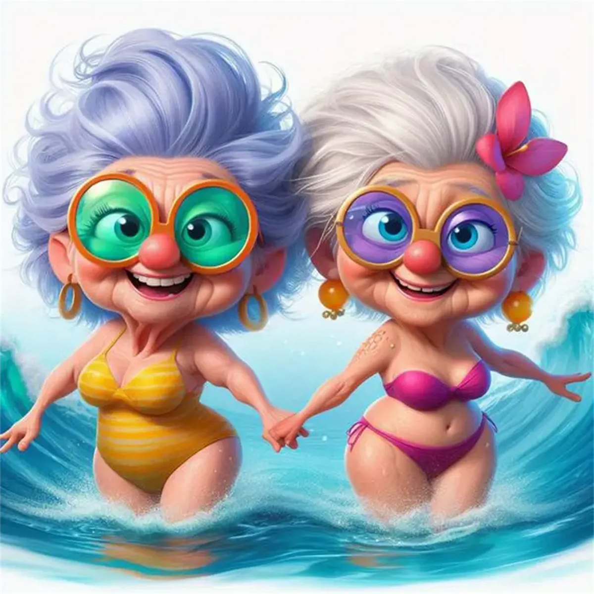 Two animated women with purple and white hair wearing large round glasses and swimsuits are depicted in blue water.