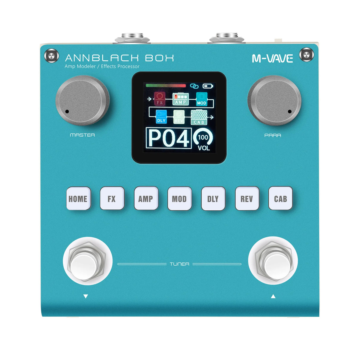 A teal multi-effects pedal labeled ANNBLACH BOX with controls for amp modeling and effects.