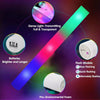 Diagram showing the features of LED foam glow sticks including dense light transmission, brighter and longer battery life, an