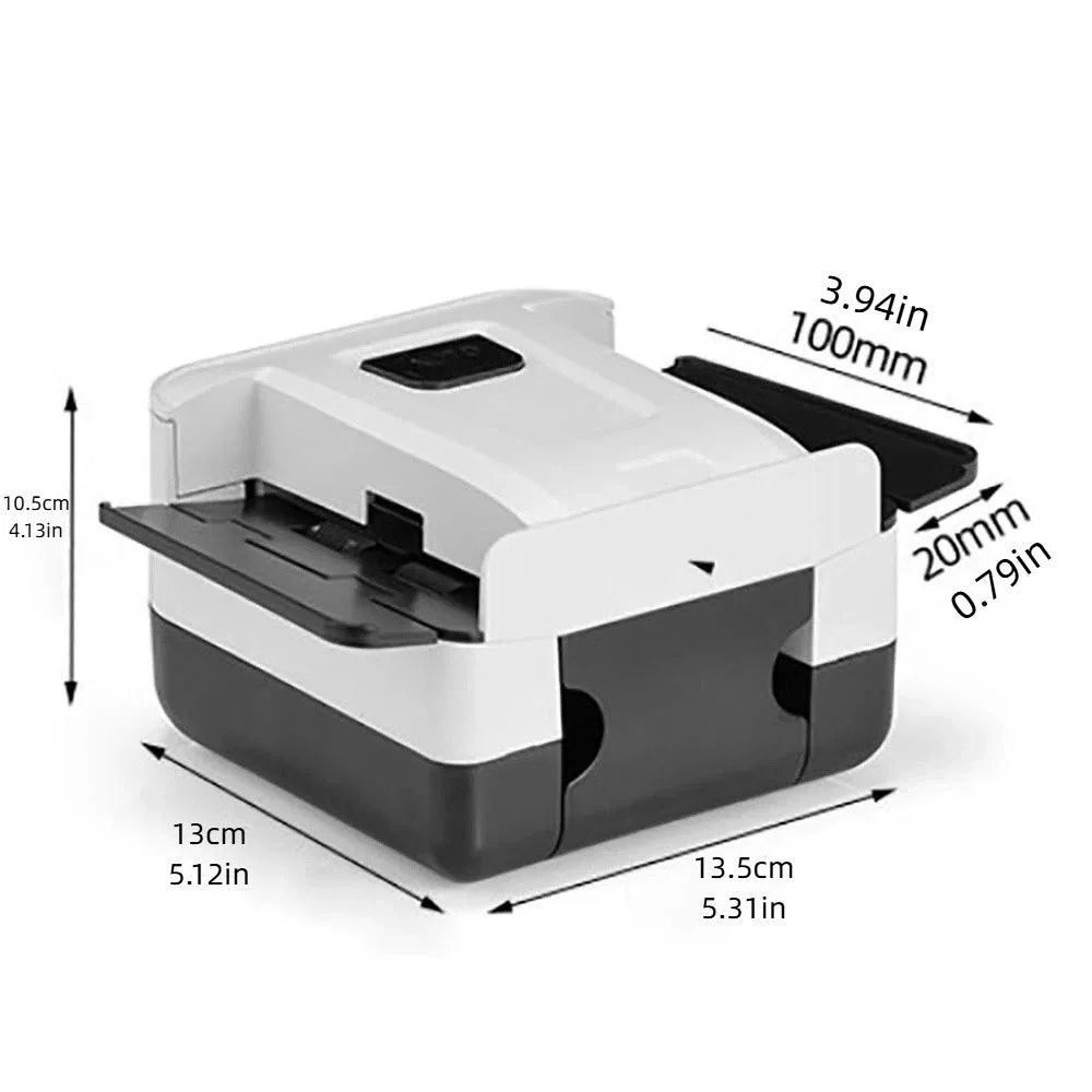 A white and black portable automatic card shuffler device shown from above with dimensions provided.