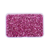 A clear plastic container filled with crushed magenta or purple glass stones for resin and craft projects.