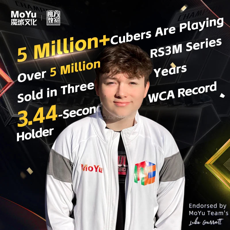 A young man is holding a MoYu RS3M cube with text promoting sales and records.