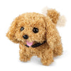 A fluffy golden brown plush puppy toy with black eyes and a pink tongue.