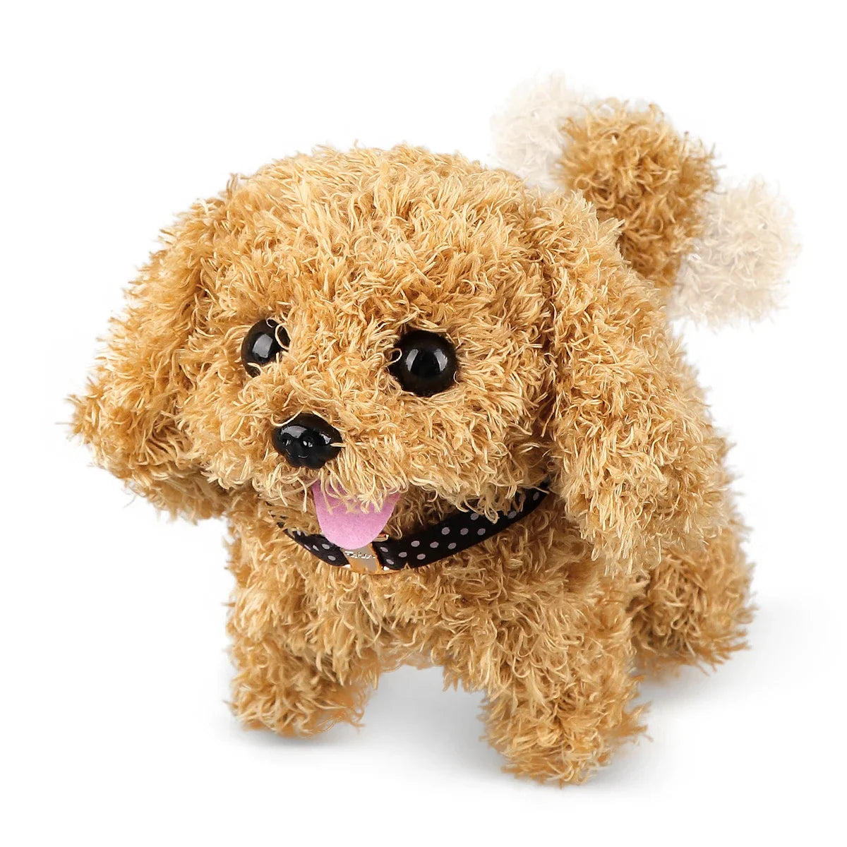 A fluffy golden brown plush puppy toy with black eyes and a pink tongue.
