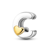 A sterling silver alphabet charm bead shaped like a 'C' with a heart accent, featuring cubic zirconia.