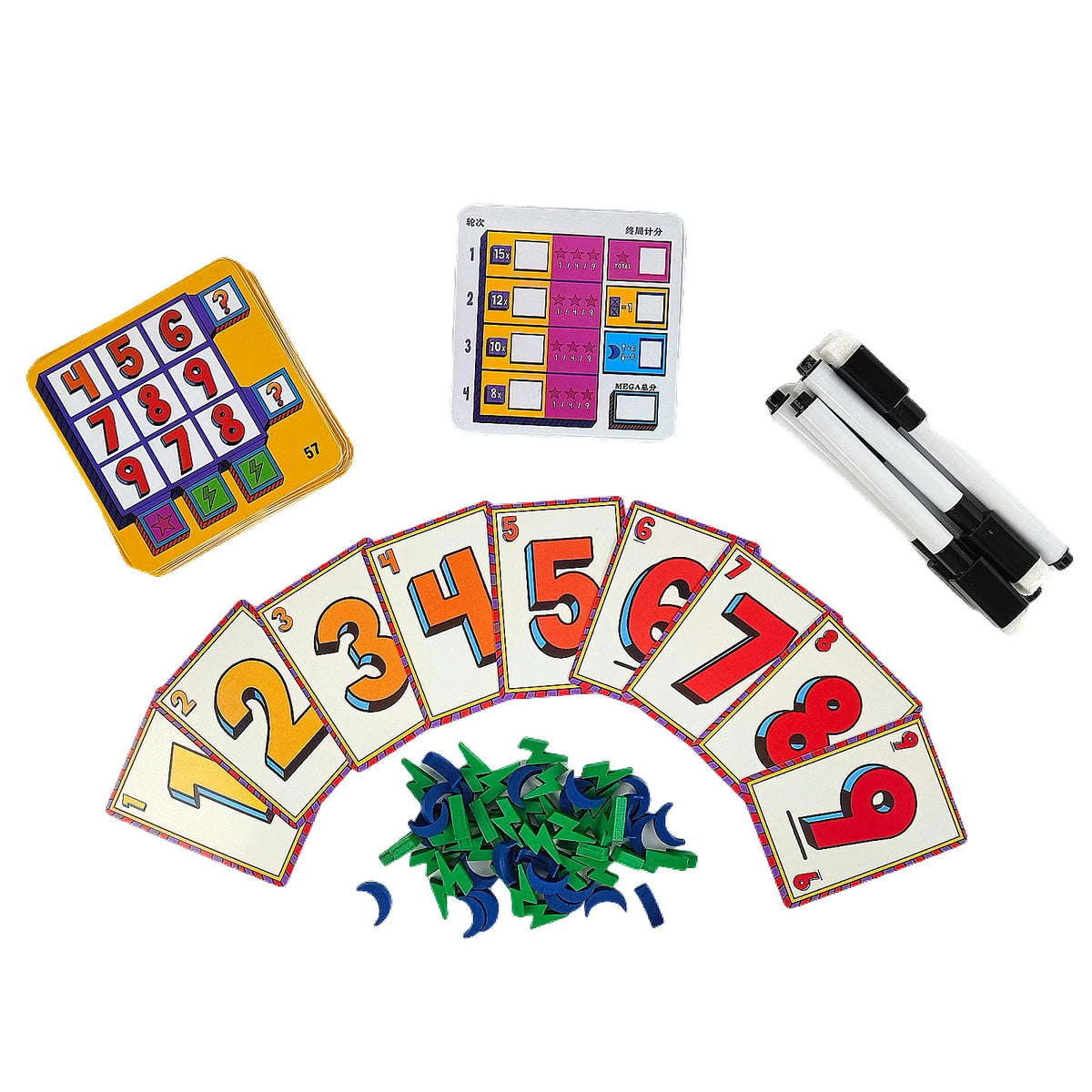 A set of cards and a game board for the Super Mega Lucky Box family board game