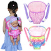 Pink and purple mini backpack for 18-inch dolls shown in various views