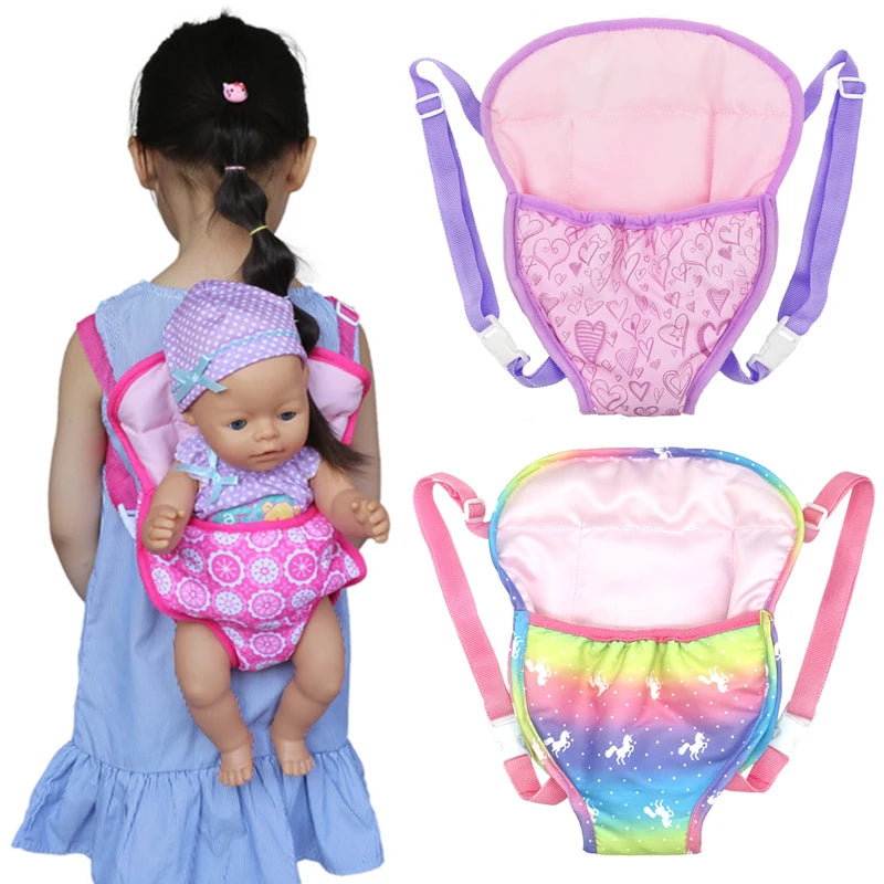 Pink and purple mini backpack for 18-inch dolls shown in various views