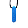 A bright blue silicone chew necklace with a black cord, designed for teething and sensory calming.