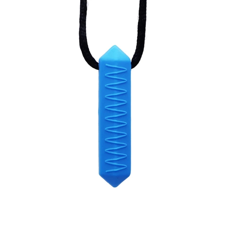 A bright blue silicone chew necklace with a black cord, designed for teething and sensory calming.