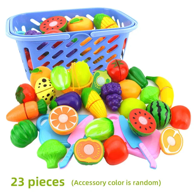 A set of 23 pretend play cutting food toys including fruits and vegetables in a blue shopping basket.