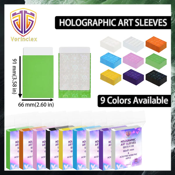 A display of nine holographic art sleeves in various colors and sizes, packaged for trading card collections.