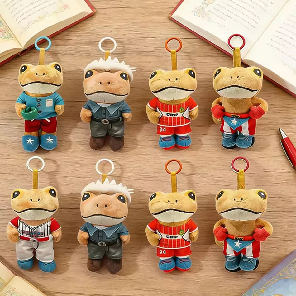A collection of plush toys depicting Bad Bunny El Sapo Concho in various outfits and poses.