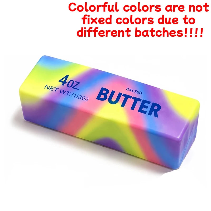 A rectangular block of salted butter with colorful, striped patterns is shown.
