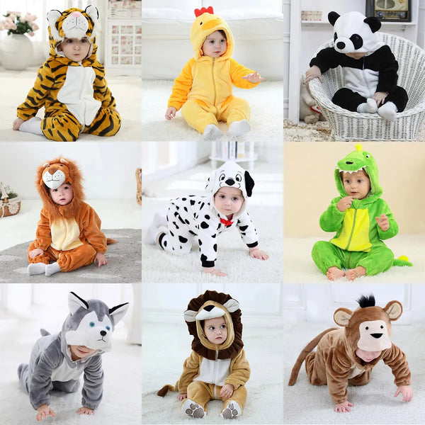 A collection of animal kigurumi costumes featuring various animals like a tiger, panda, lion, and bear.