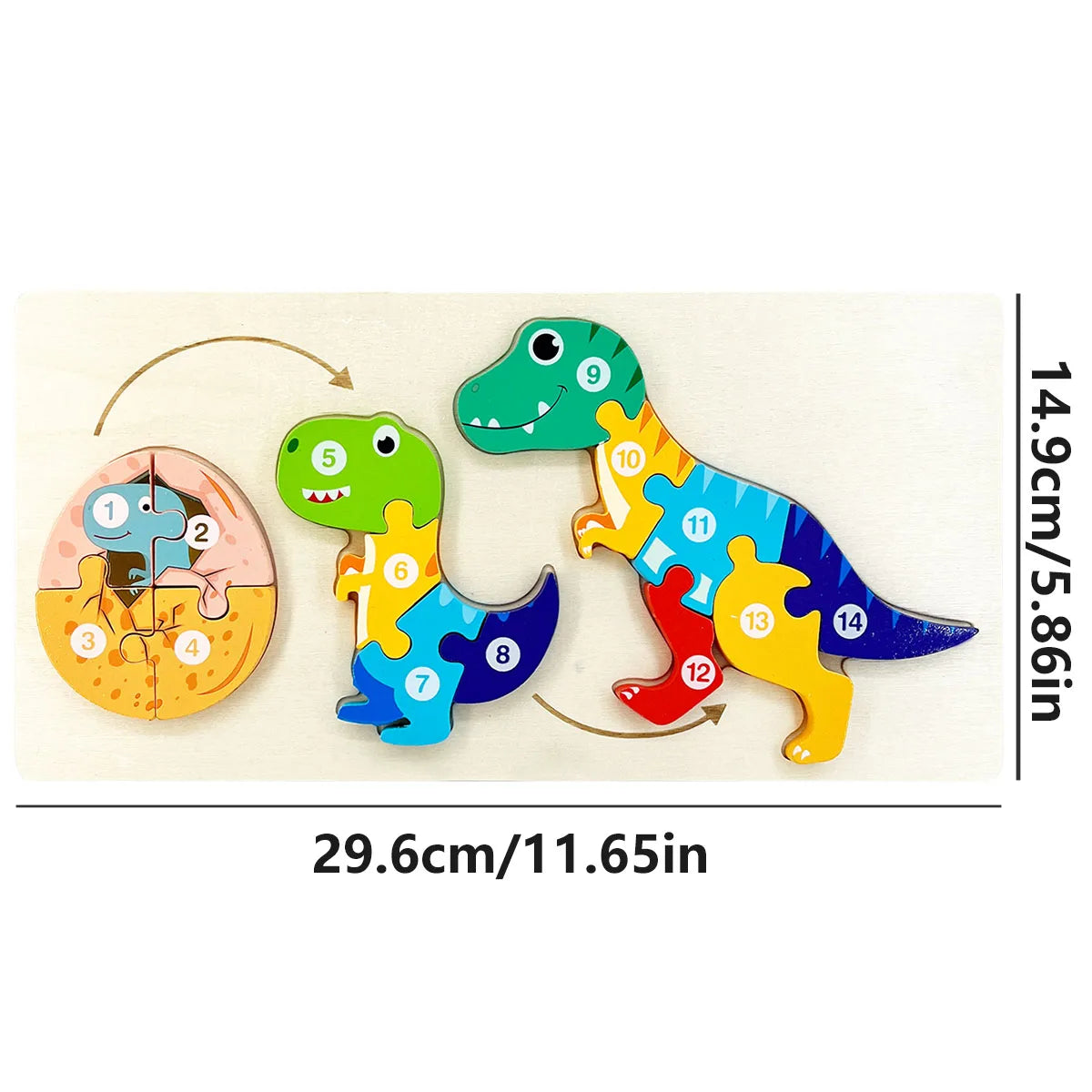 A wooden puzzle of a cartoon dinosaur showing various numbered parts for an educational grow and change toy.