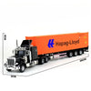 Orange shipping container truck model with a black semi-truck and wheels
