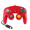 A red wired game controller for the Nintendo GameCube console.