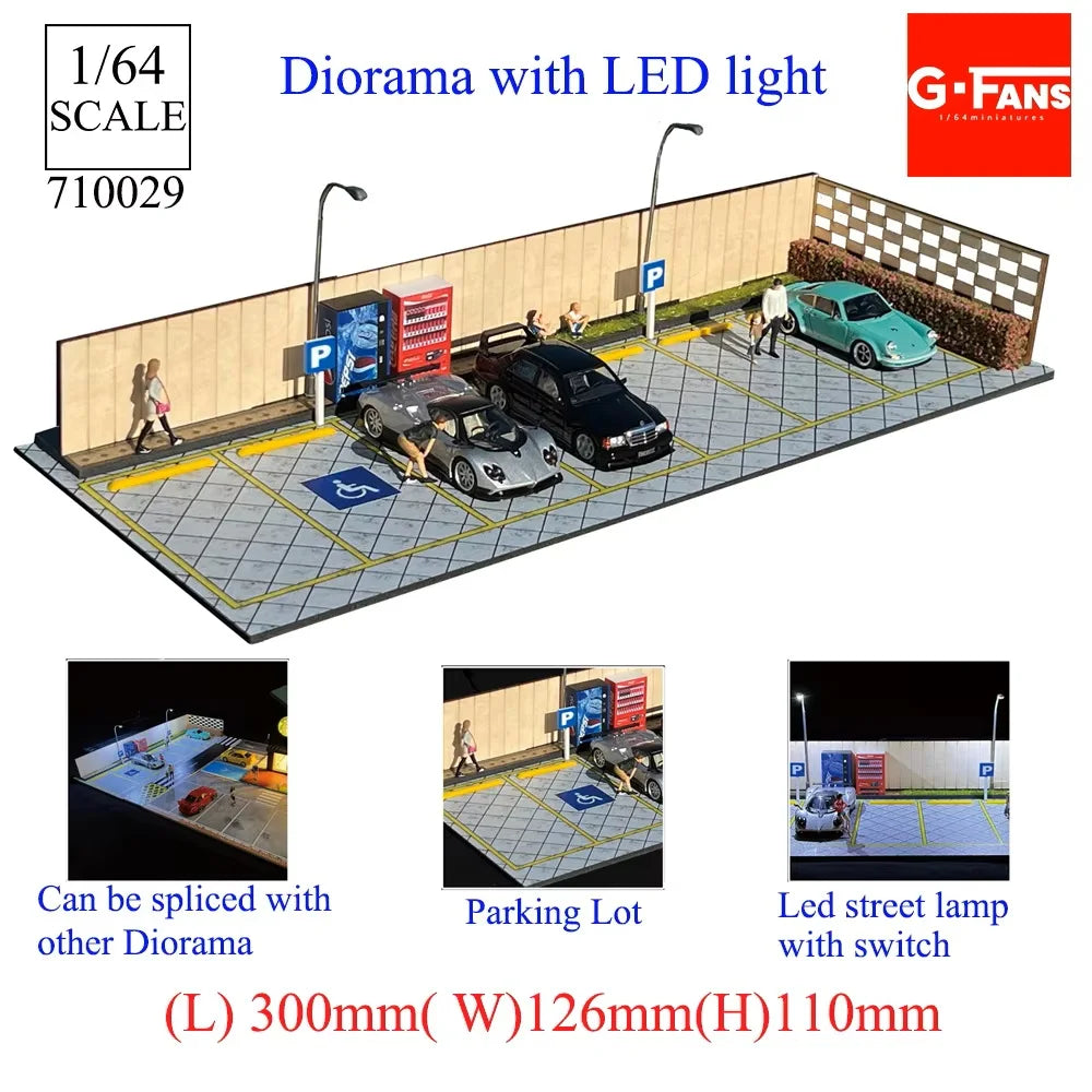 1/64 scale diorama of a car garage and parking lot with LED lighting