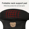 Black foldable neck support pad with red lines and a bear design for cervical spine protection