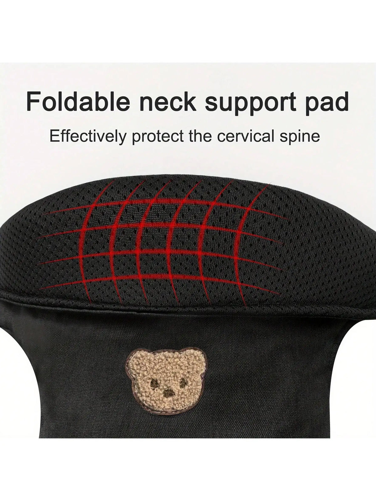 Black foldable neck support pad with red lines and a bear design for cervical spine protection