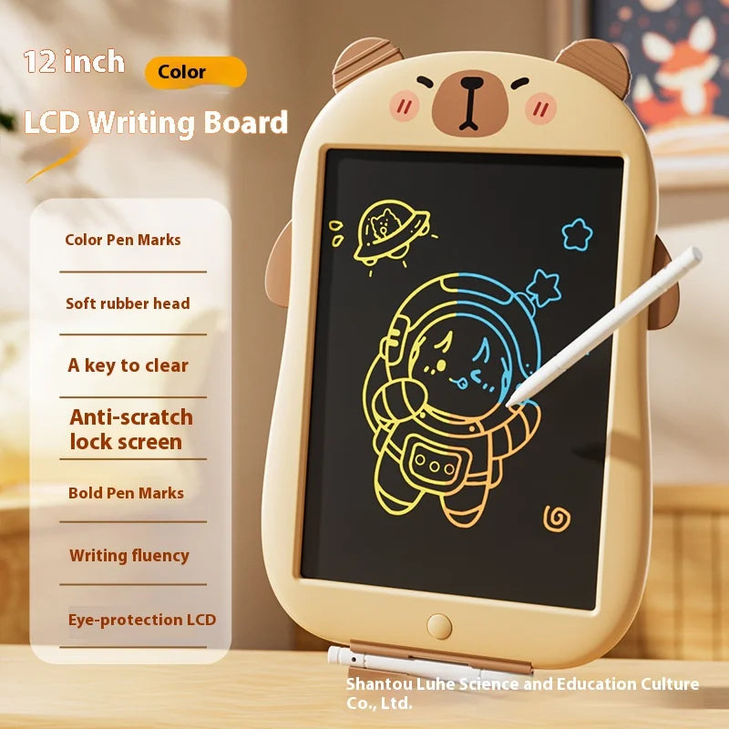 A light beige teddy bear shaped LCD writing board with a screen displaying a yellow drawing, demonstrating color pen marks an