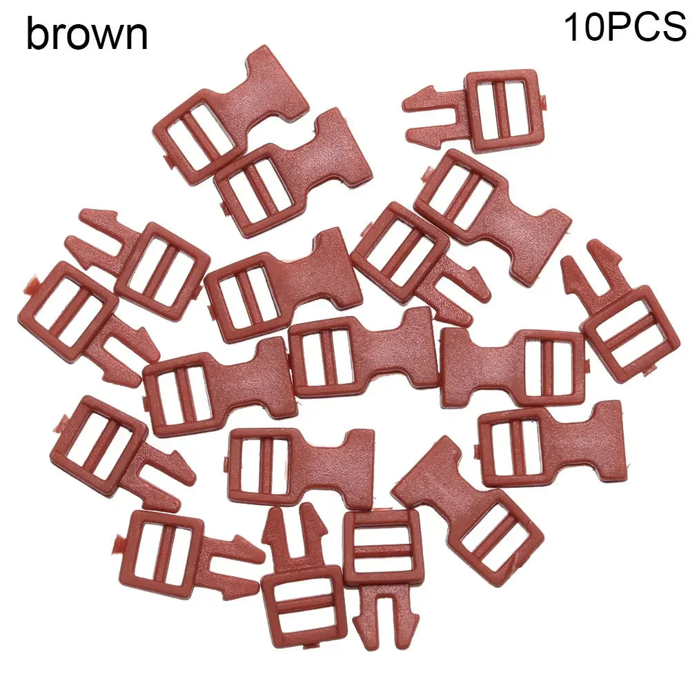 A pile of ten brown mini plastic buckles for DIY crafts and outdoor gear.
