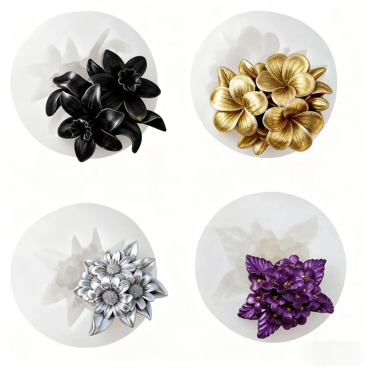 Three silicone molds shaped like rosette leaves in black, gold, and purple for cake and chocolate decorating
