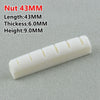 A white guitar nut with a 43MM length, 6.0MM thickness, and 9.0MM height shown on a gray background.