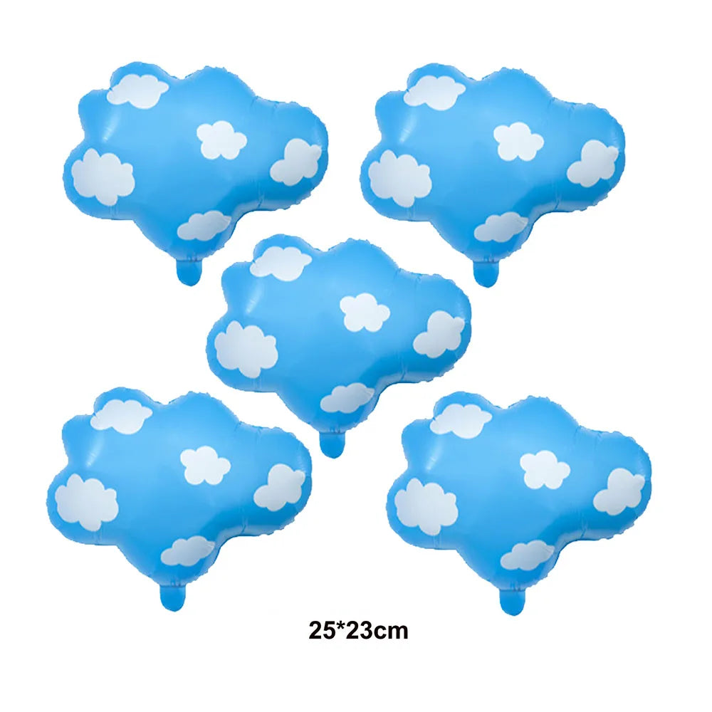 A set of light blue foil balloons shaped like fluffy white clouds for birthday party decor