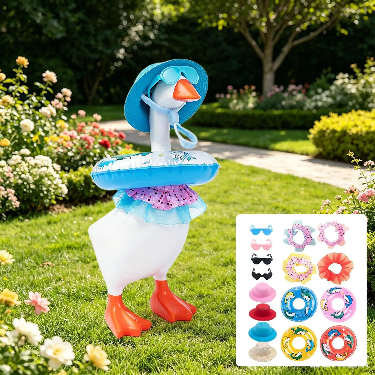 A white goose costume wearing a blue hat, orange beak, and colorful accessories standing in a green garden.