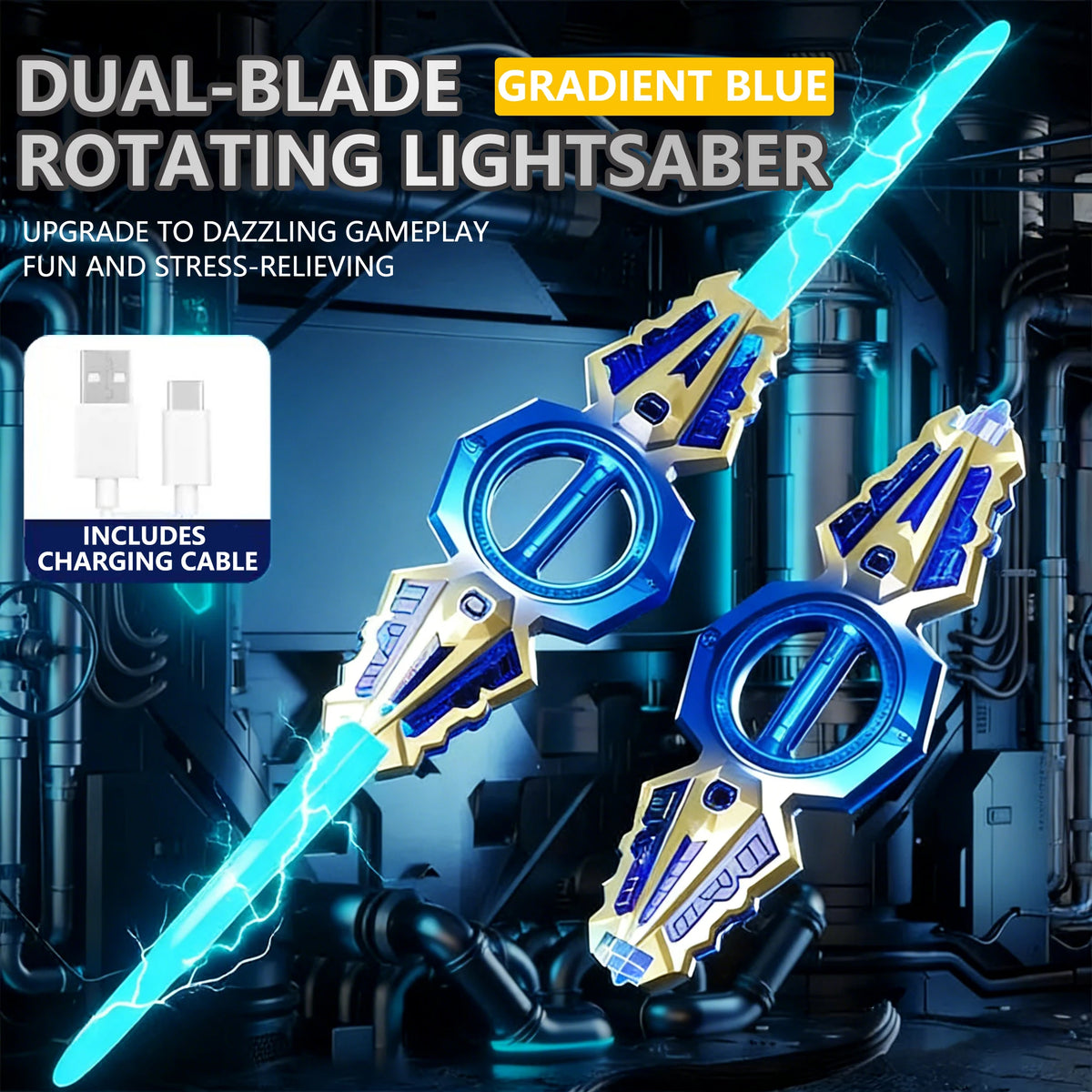 Épée laser à double lame bleu dégradé tournante avec poignée dorée et lame bleue sur fond sombre futuriste.