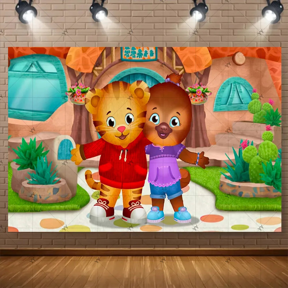 A cute cartoon tiger character with orange fur and a red shirt standing in a party backdrop setting.