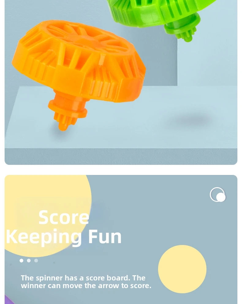 An orange pull-string spinning top is shown next to a green one, demonstrating how the winner can move an arrow to score.