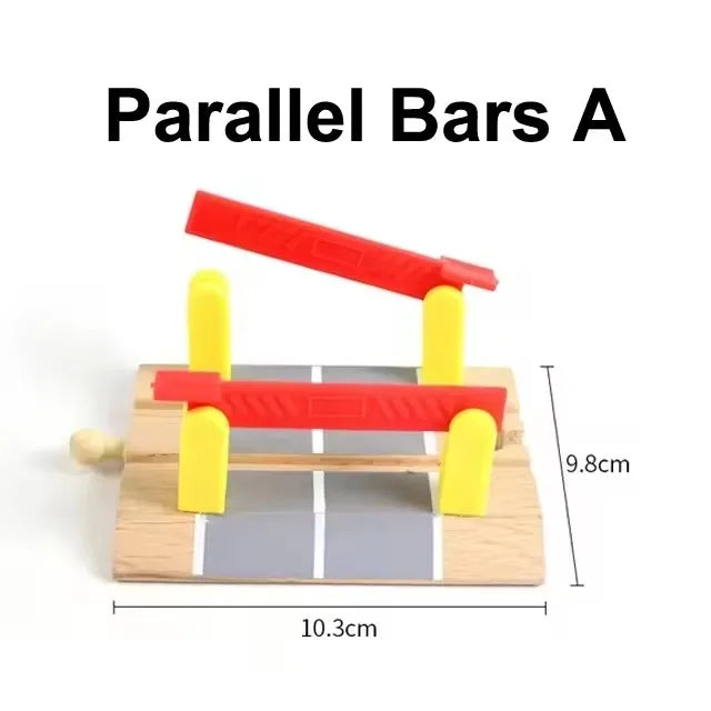 Parallel Bars A wooden train track accessory set featuring red and yellow parallel bars.