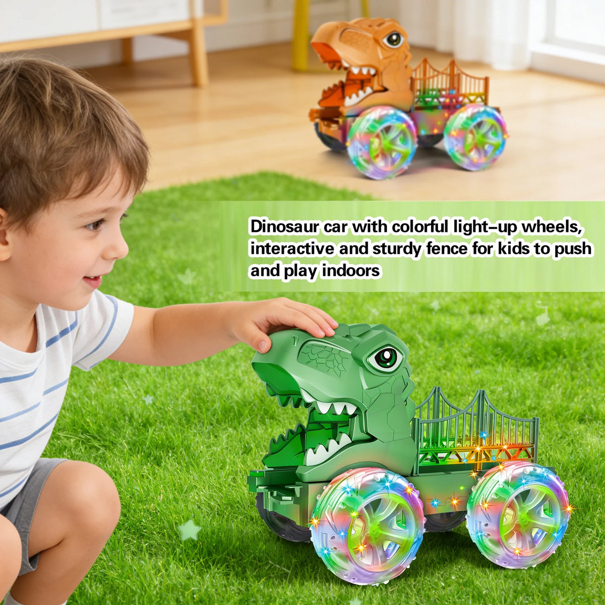 Dinosaur Monster Truck with Glowing LED Wheels – 2-Pack