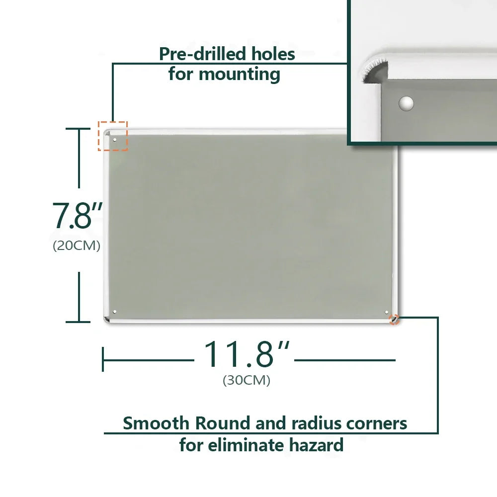 A rectangular metal wall sign with pre-drilled holes for mounting and smooth round corners.