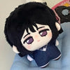 A plush keychain set featuring a black-haired character with purple eyes and a dark blue outfit.