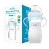 A white anti-colic baby bottle with a clear silicone nipple and handle is shown next to its packaging box.