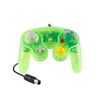 A bright lime green wired game controller for the Nintendo GameCube console.