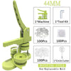 A green DIY pin badge button making kit showing a machine, tool kit, and various silver molds and cutters.