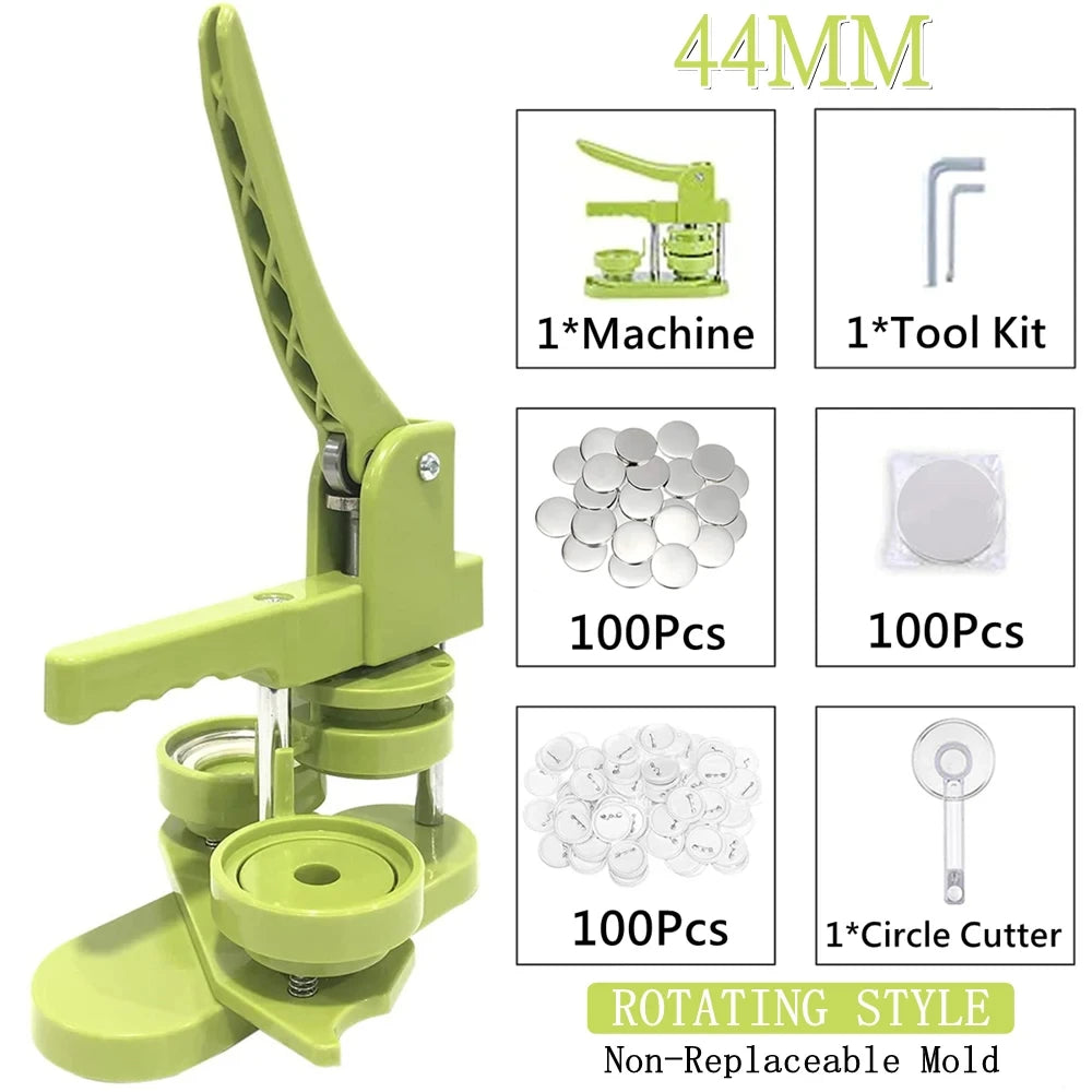 A green DIY pin badge button making kit showing a machine, tool kit, and various silver molds and cutters.
