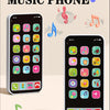 Two smartphones display an interactive baby learning phone toy with music and stories icons.
